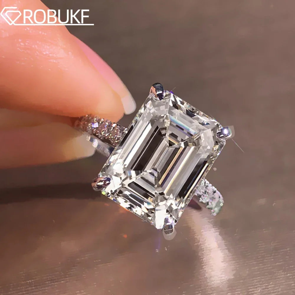 Emerald/Radiant Cut Real Full Moissanite Ring for Women 8*10mm D Color Diamond 925 Sterling Silver Wedding Band with Certificate Luxlife Brands