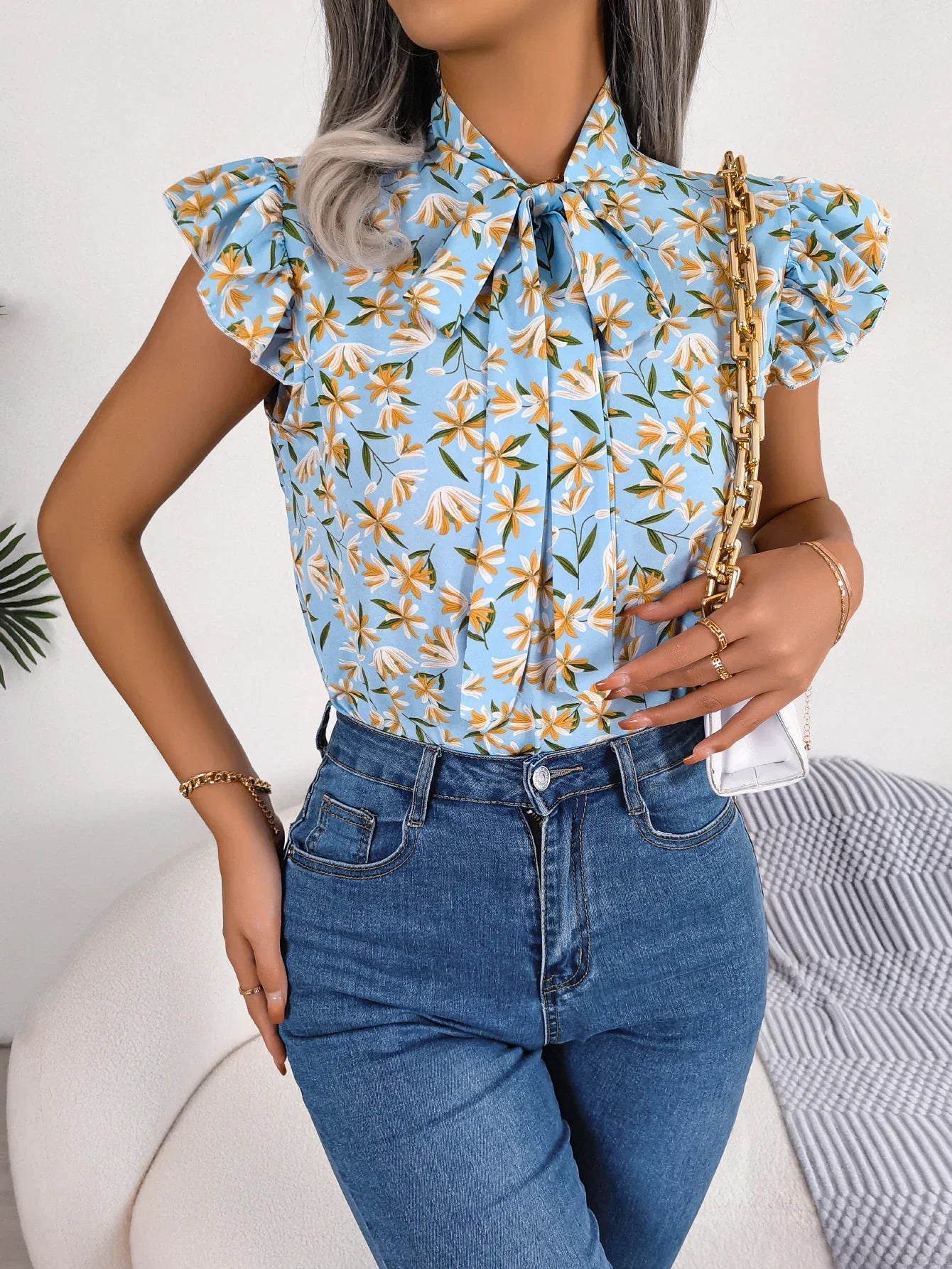 Women Casual Floral Print Bow Ruffles Chiffon Blouse Summer Top Luxlife Brands