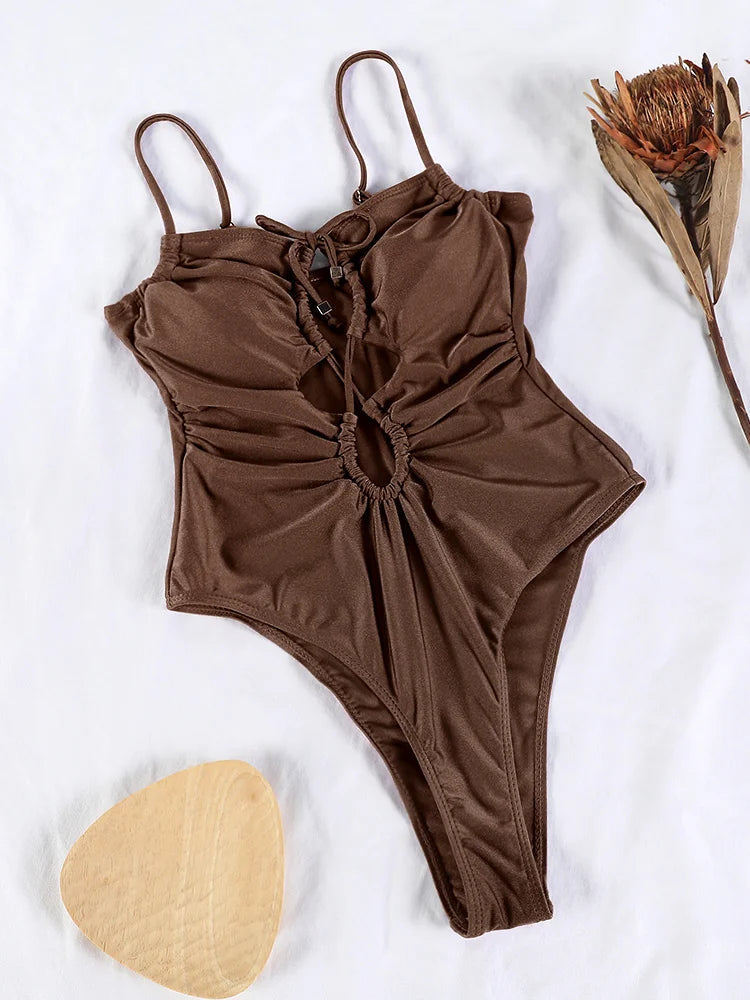 Miyouj Solid Color Swimwear Women's Swimsuit Bandage One Piece Suit High Waist Beachwear High Cut Bathsuit Hollow Out Swimsuits Luxlife Brands