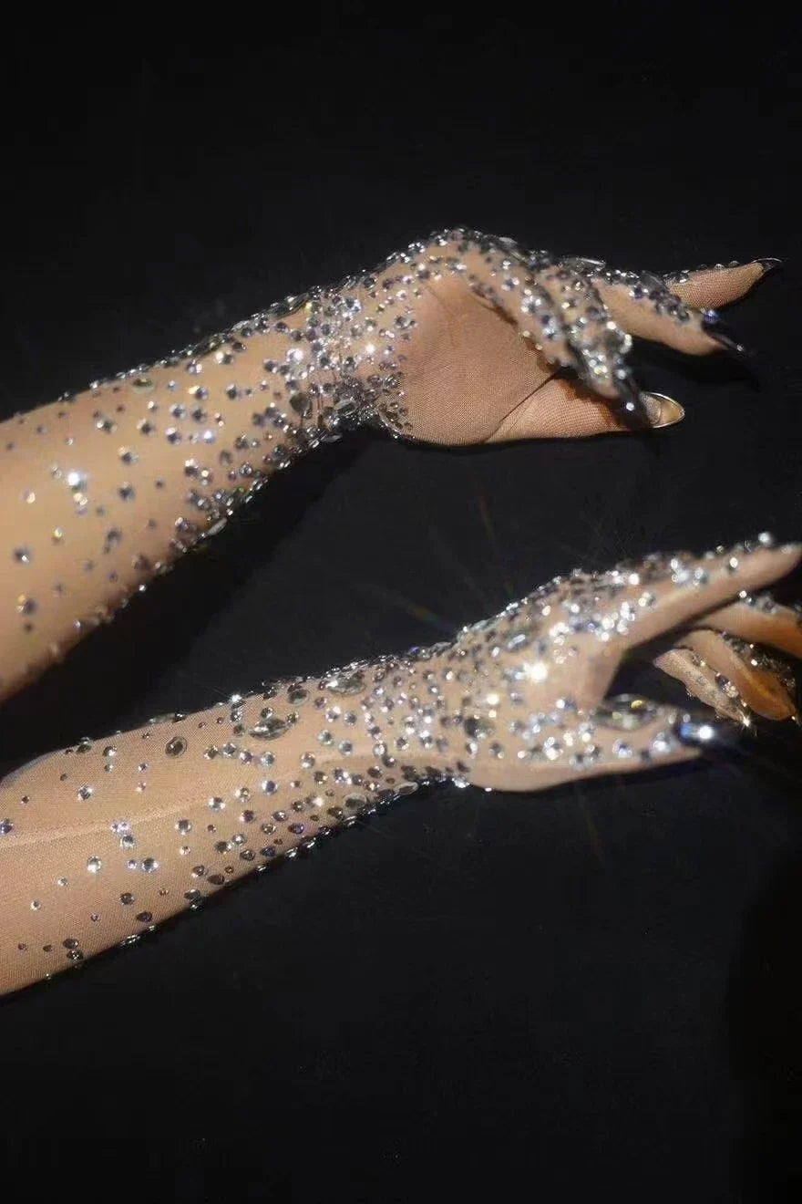 The Stardust Illusion Rhinestone Gloves – Luxury Crystal Mesh Opera Gloves