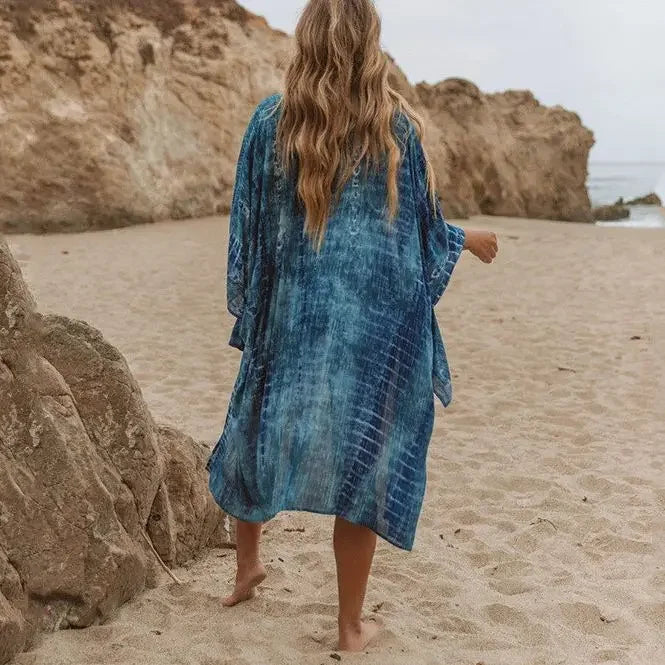 TEELYNN Blue Cotton Print Summer Bikini Cover Up Sexy Loose Boho Kimono Vestidos Women Long Sleeve Tunic Top Blouse