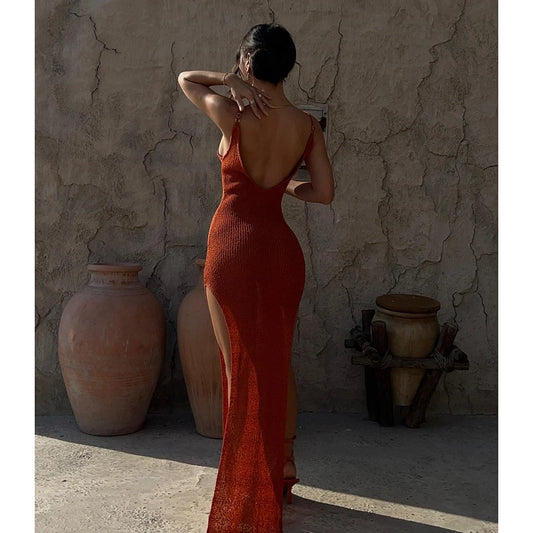 2024 Kintted Cover Up Beach Sexy See Through Maxi Slit Bodycon Summer Dress Bikinis Cover-ups Backless Elegant Halter Beachdress LUXLIFE BRANDS