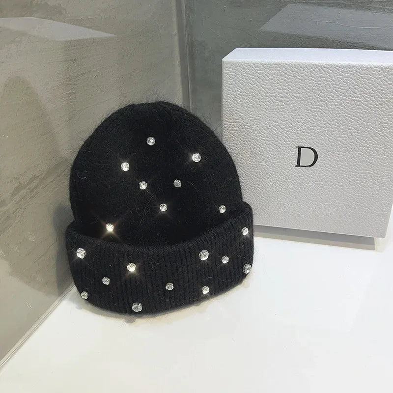 Luxury Rhinestone Beads Knitted Hat Korean Women Rabbit Fur Wool Skullies Cap Winter Fashion Thickened Warm Bonnet Beaanies Luxlife Brands
