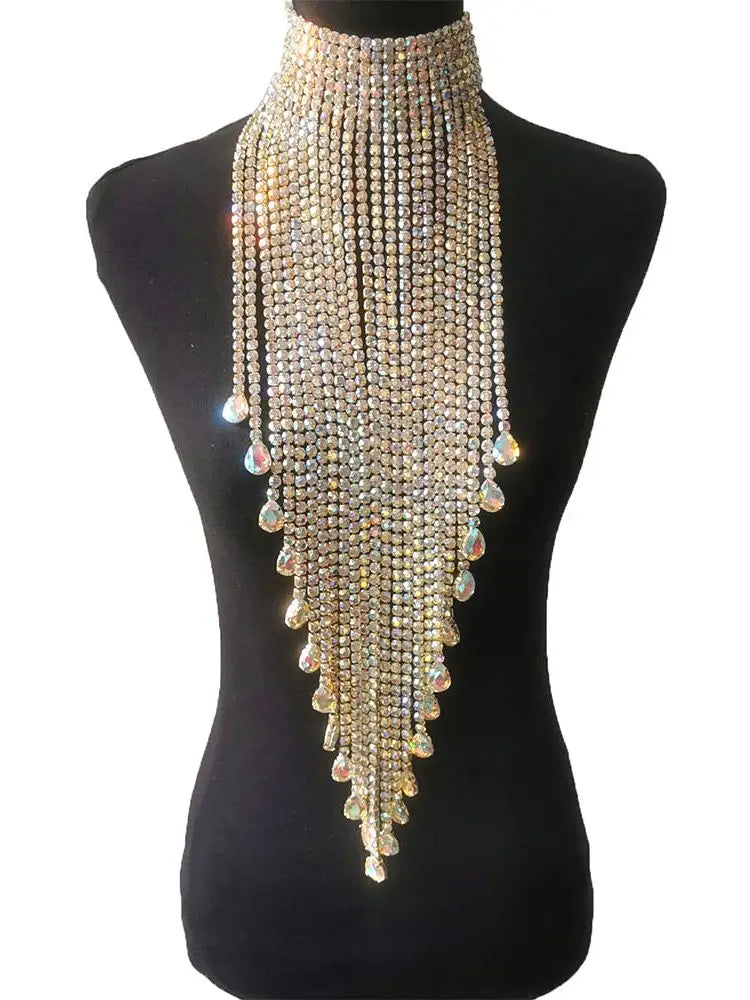 Luxury Rhinestone Long Tassel Statement Choker – Waist-Length Crystal Drop Necklace for Weddings, Galas & High-Fashion Clubwear