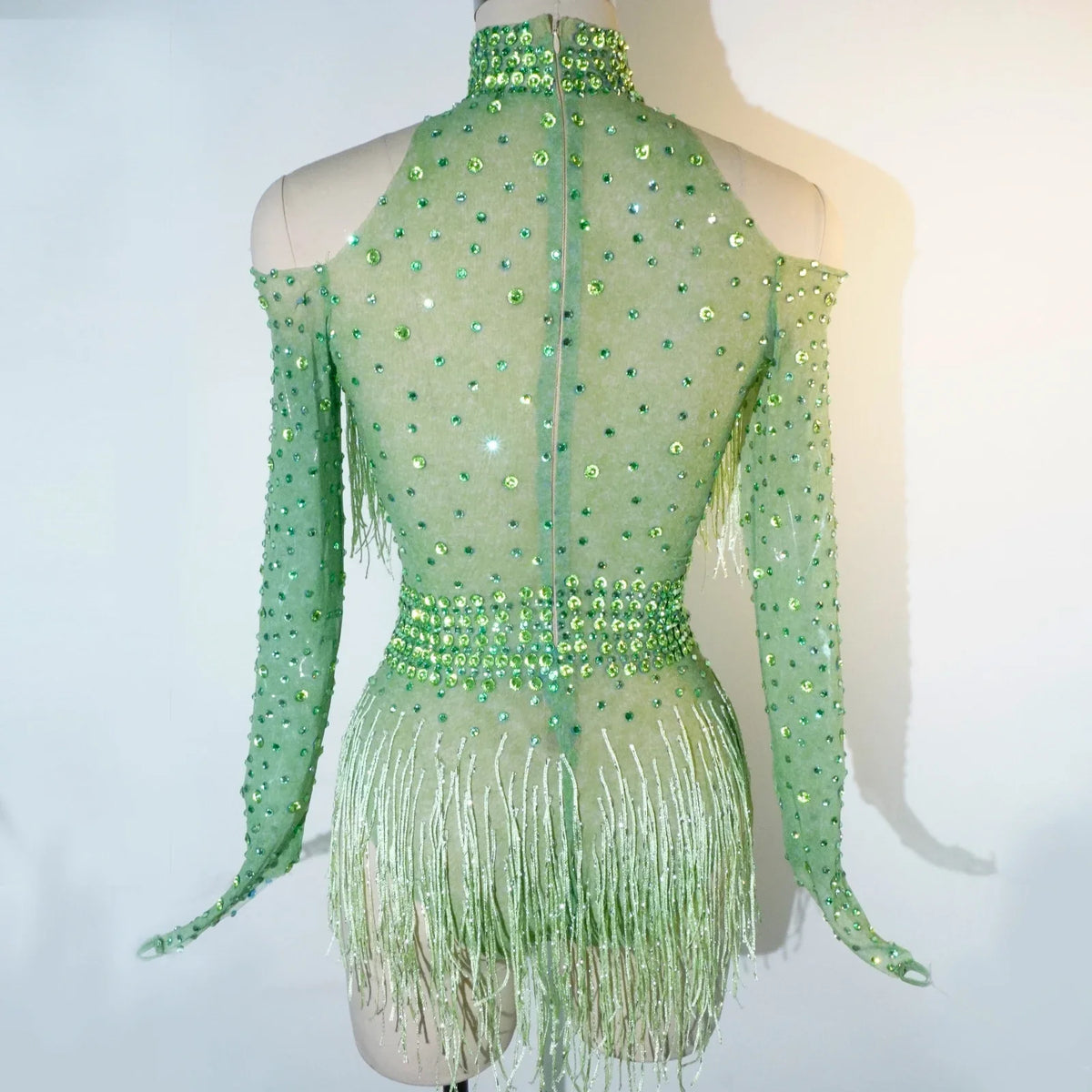 Rhinestone Tassel Mesh Performance Bodysuit
