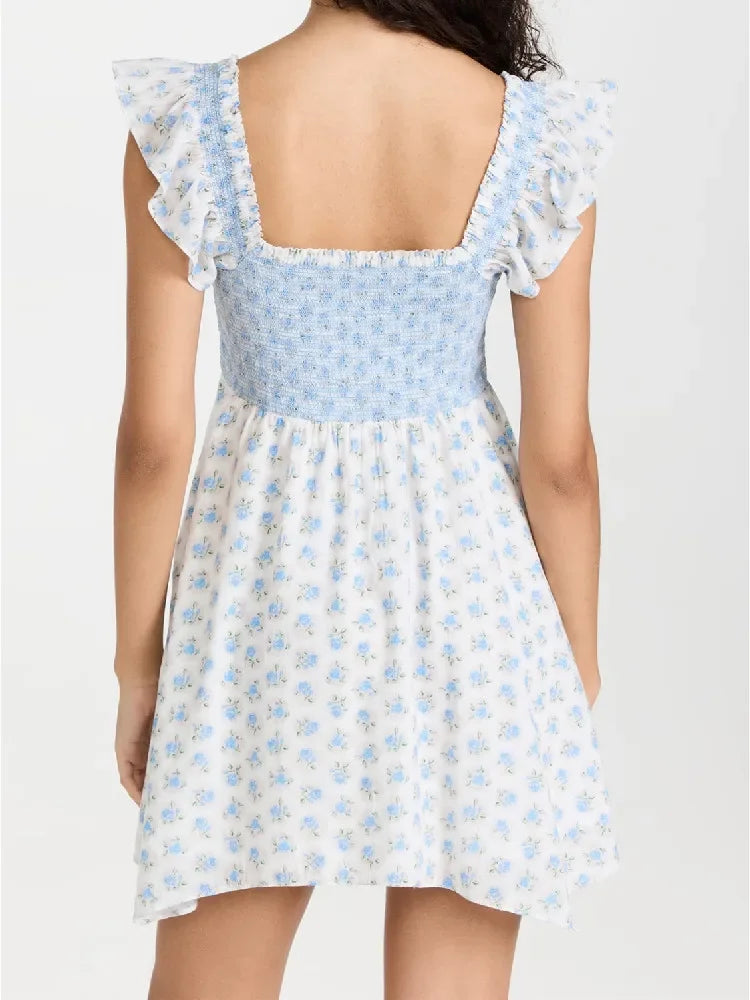 Sexy White Blue Flower Print Ruffle Strap Mini Dress V neck Ruched Elastic Chest Corset Sleeveless Short Tank Robe Holiday Woman Luxlife Brands