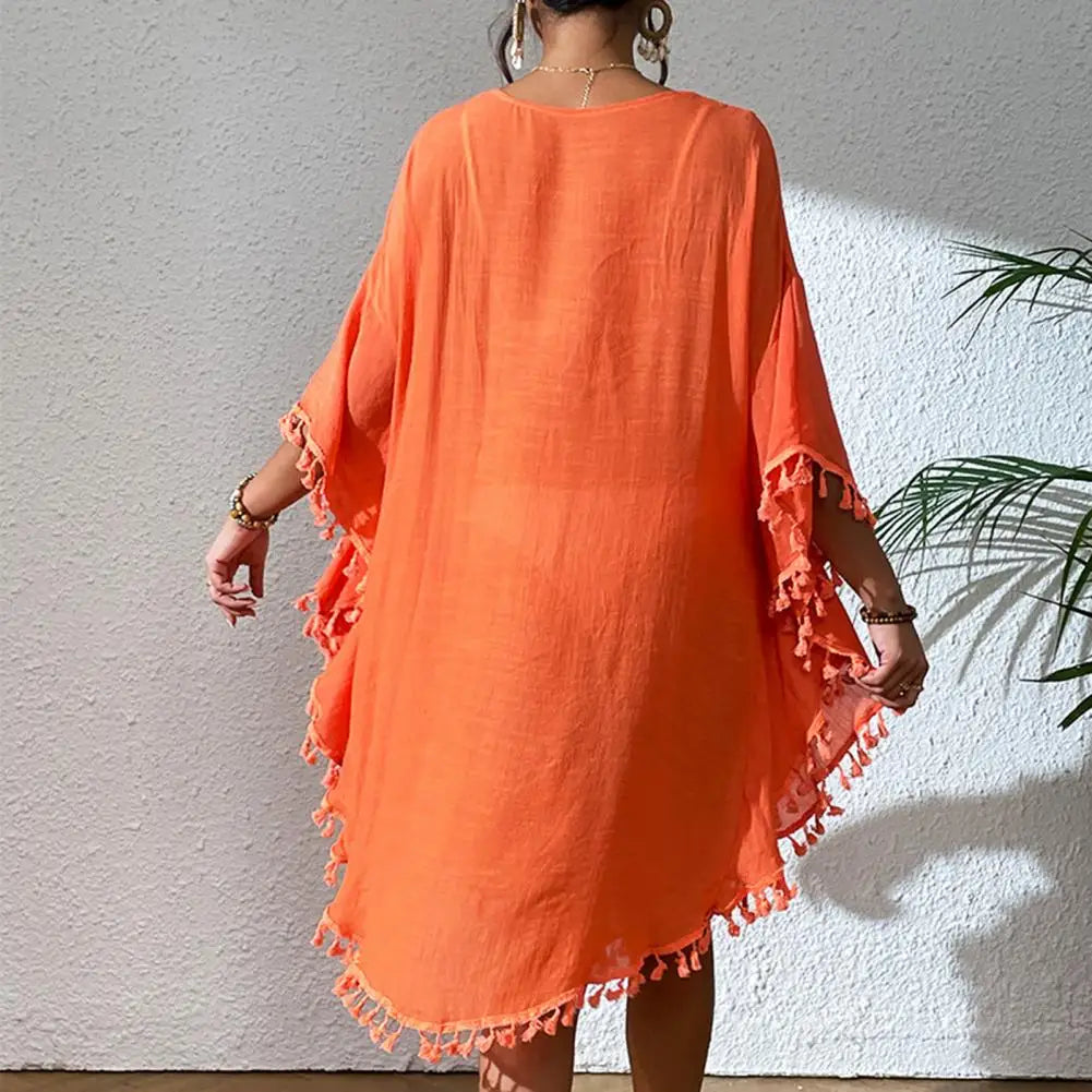 Fringed Bikini Cover Up Comfortable Loose Fit Blouse Stylish Fringed Beach Cover Up Dress for Women O-neck Half Sleeve Swimsuit LUXLIFE BRANDS