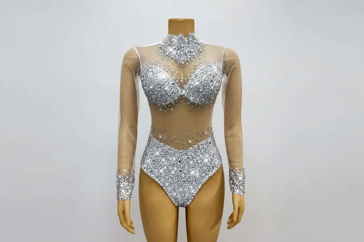 Rhinestone Encrusted Mesh Performance Bodysuit