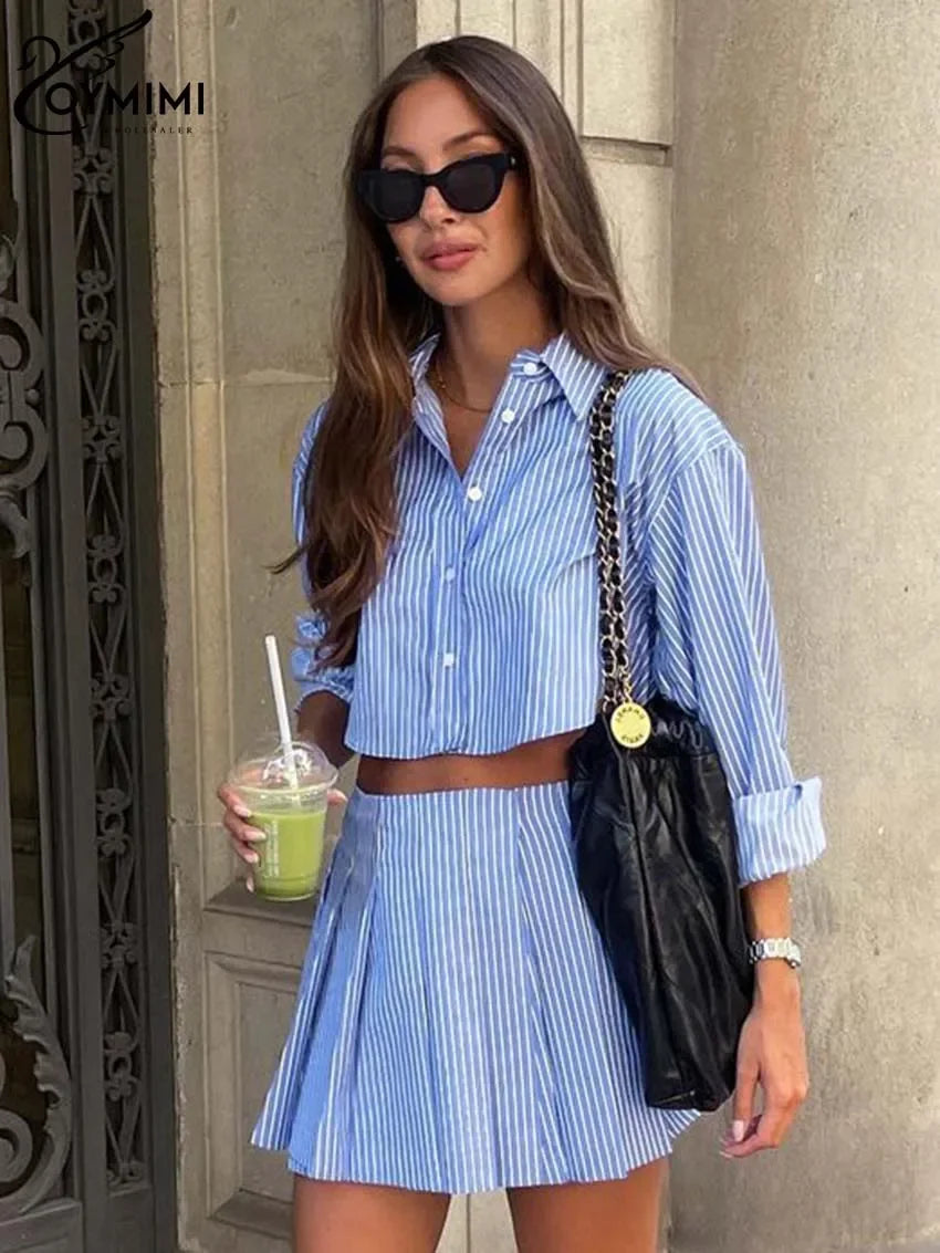 Oymimi Elegant Blue Striped Print Sets For Women 2 Pieces Fashion Long Sleeve Button Crop Tops And High Waist Pleated Skirts Set Luxlife Brands