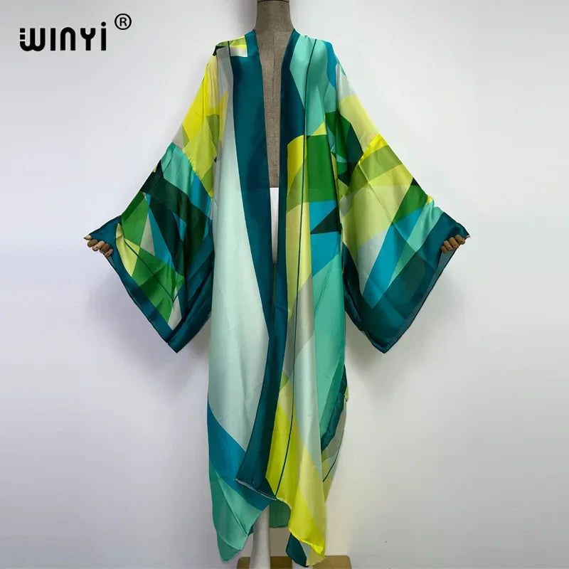 2022 WINYI Summer Beach Wear Swim Suit Cover up boho fashion printing elegant sexy Holiday party long Sleeve Cardigan dress Luxlife Brands