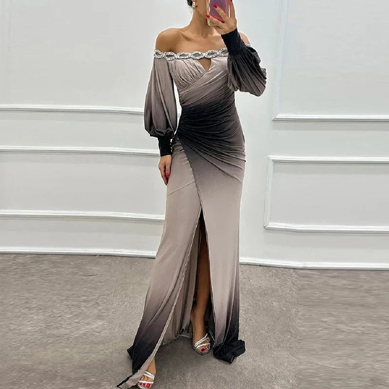 Fashion Patchwork High Waist Dress Casual Contrasting Color Pleated Slim Long Dress New Off Shoulder Lantern Sleeve Party Dress Luxlife Brands