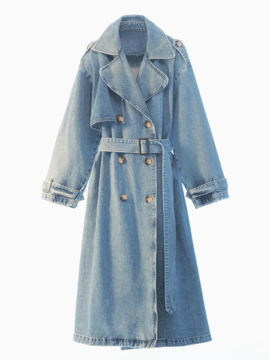 Denim Trench Coats For Women Belt On Waist Slim Jean Coats Ladies Jaqueta Feminina Blue Jean Jacket Woman LUXLIFE BRANDS