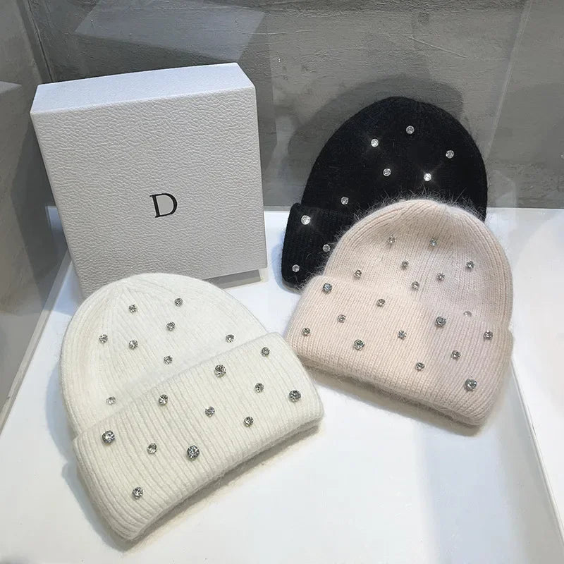 Luxury Rhinestone Beads Knitted Hat Korean Women Rabbit Fur Wool Skullies Cap Winter Fashion Thickened Warm Bonnet Beaanies Luxlife Brands