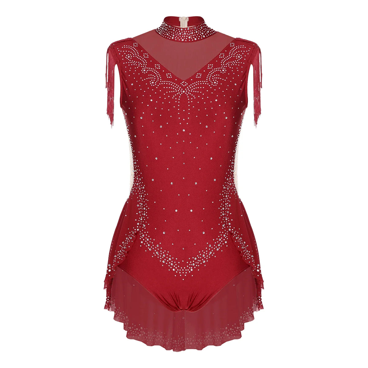 Rhinestone Mock Neck Mesh Tassel Leotard