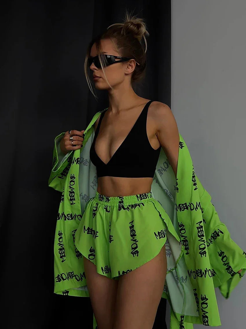 Marthaqiqi Sexy Sleepwear Suits With Shorts Pijama Print Nightwear Lace-Up Robes Women'S Nightgown Full Sleeve Women Pajama Set LUXLIFE BRANDS