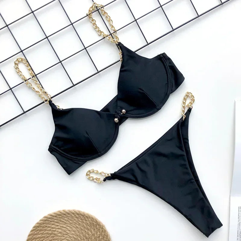 Sexy Metal Chains String High Cut One Piece Swimsuit Women Swimwear Female Monokini Tummy Cut Out Bathing Suit Swim Beach Wear Luxlife Brands