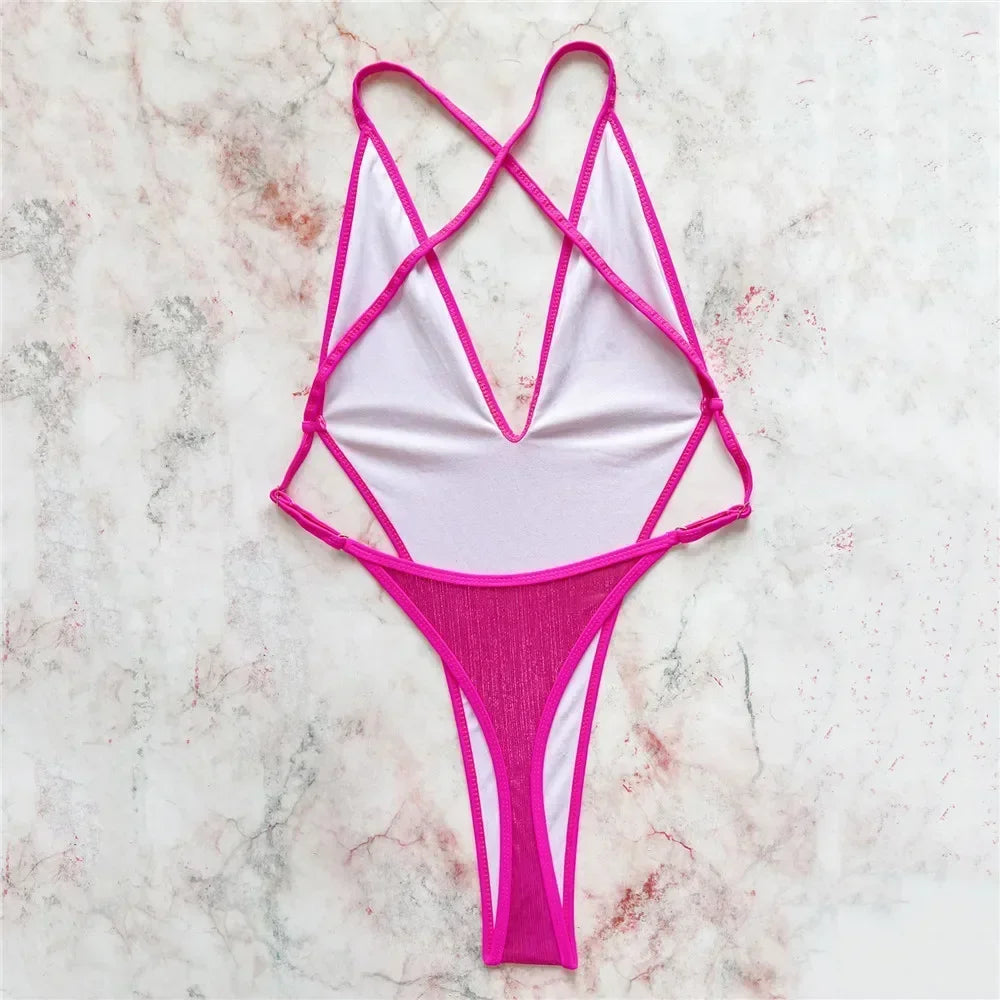 Sexy Rose Red Shiny Backless Swimsuit Women One Piece Swimwear 2025 Micro Thong Back Cross String Monokini High Cut Bathing Suit Luxlife Brands