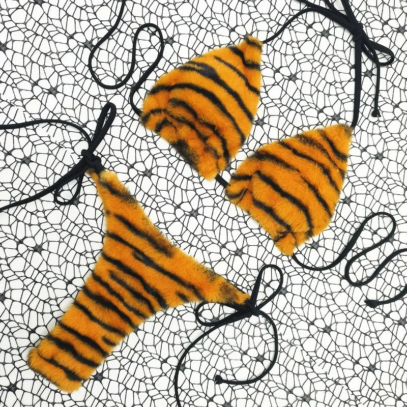 The Stardust Wildcat Knit Bikini – Retro Tiger Print Showgirl Set