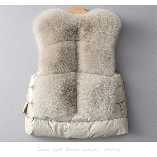 Leather and Fur Vest Women's Short Down Feather Imitation Fox Slim Temperament Jacket 23 New Autumn and Winter Fashion All-match LUXLIFE BRANDS