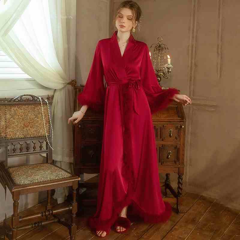 Elegant Satin Feather-Trimmed Robe & Nightdress Set - Luxury Bridal & Lounge Wear SelenaHuanStudio