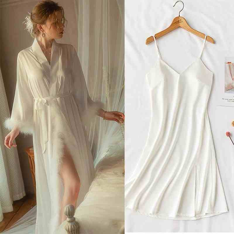 Elegant Satin Feather-Trimmed Robe & Nightdress Set - Luxury Bridal & Lounge Wear SelenaHuanStudio