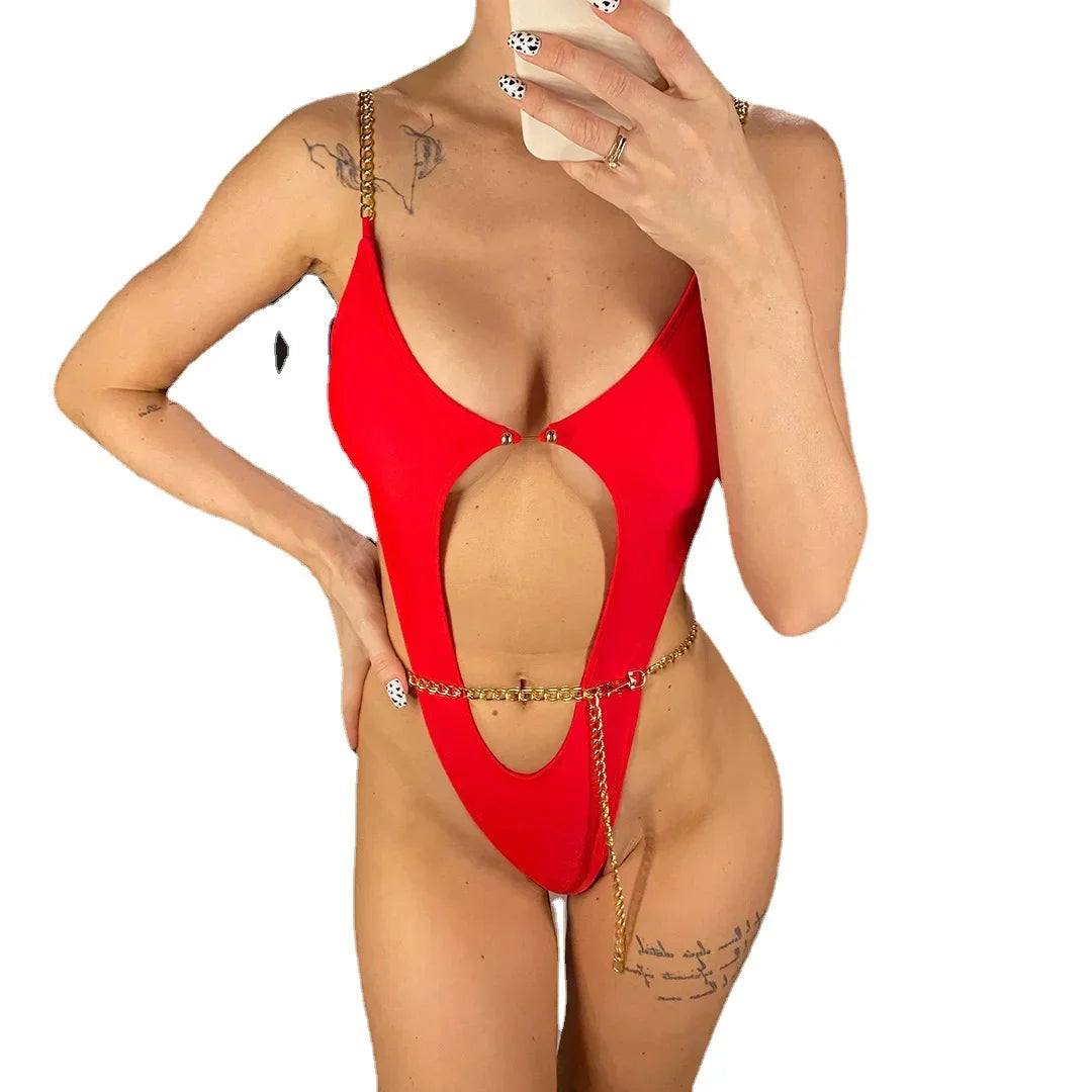 Sexy Metal Chains String High Cut One Piece Swimsuit Women Swimwear Female Monokini Tummy Cut Out Bathing Suit Swim Beach Wear Luxlife Brands