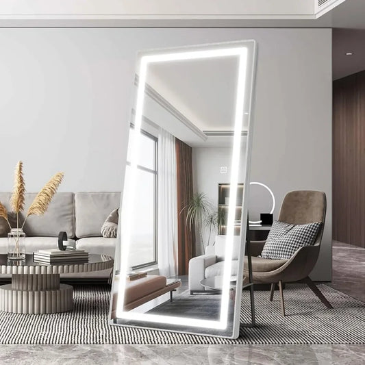 Aluminum Frame  Mirror Free Standing Lighted Floor Mirror Decorative Mirrors Dimming & 3 Color Lighting Flexible Home LUXLIFE BRANDS
