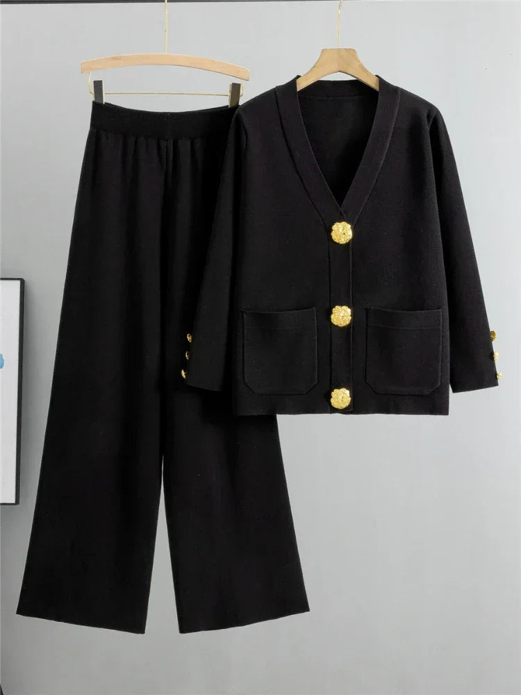 Autumn Winter Women Knit 2 Piece Set New Large Gold Button V-neck Cardigan Coats+High Waist Baggy Wide Leg Pants Sweater Suits Luxlife Brands