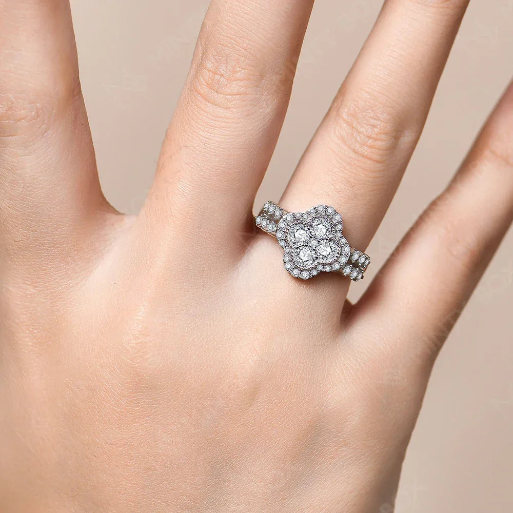 Four Leaf Moissanite 18k White Gold Plated Diamond Ring Luxlife Brands