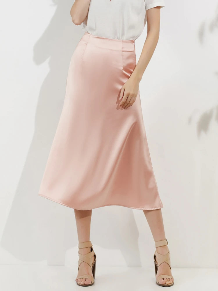 Silk Satin Skirts for Women Korean Style Champagne Office High Waist A-line Skirt Fashion Elegant Solid Long Pencil Skirt 2024 LUXLIFE BRANDS