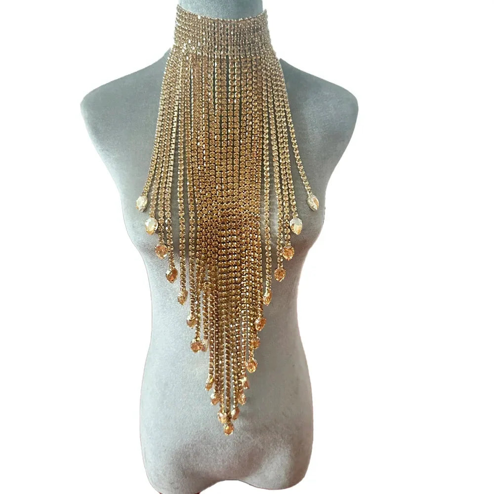 Luxury Rhinestone Long Tassel Statement Choker – Waist-Length Crystal Drop Necklace for Weddings, Galas & High-Fashion Clubwear