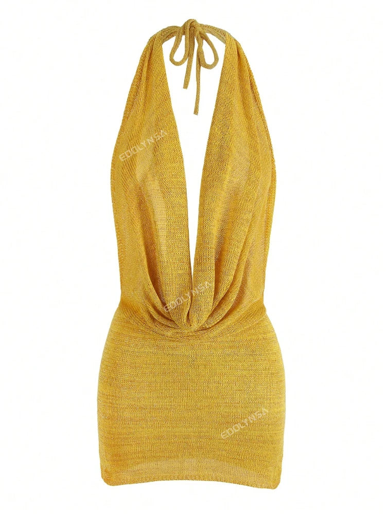 2026 Women New Year Bright Silk Dresses Sexy Stacked V Halter Neck Backless Knit Beach Mini Dress Summer Swimsuit Cover Up K145 Luxlife Brands