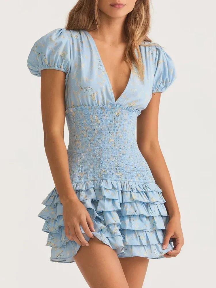 GypsyLady Floral Printed Chic Boho Mini Dresss Cotton V-neck Ruffles Blue Holiday Women Tiered Ladies Party Dresses Vestidos New Luxlife Brands