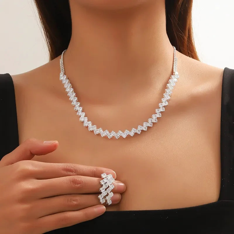 FYUAN Luxury Geometric Zircon Necklace Earrings Women Crystal Earrings for Wedding Bride Jewelry Sets Accessories LUXLIFE BRANDS