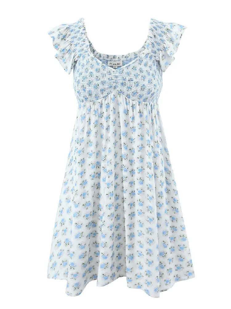 Sexy White Blue Flower Print Ruffle Strap Mini Dress V neck Ruched Elastic Chest Corset Sleeveless Short Tank Robe Holiday Woman Luxlife Brands