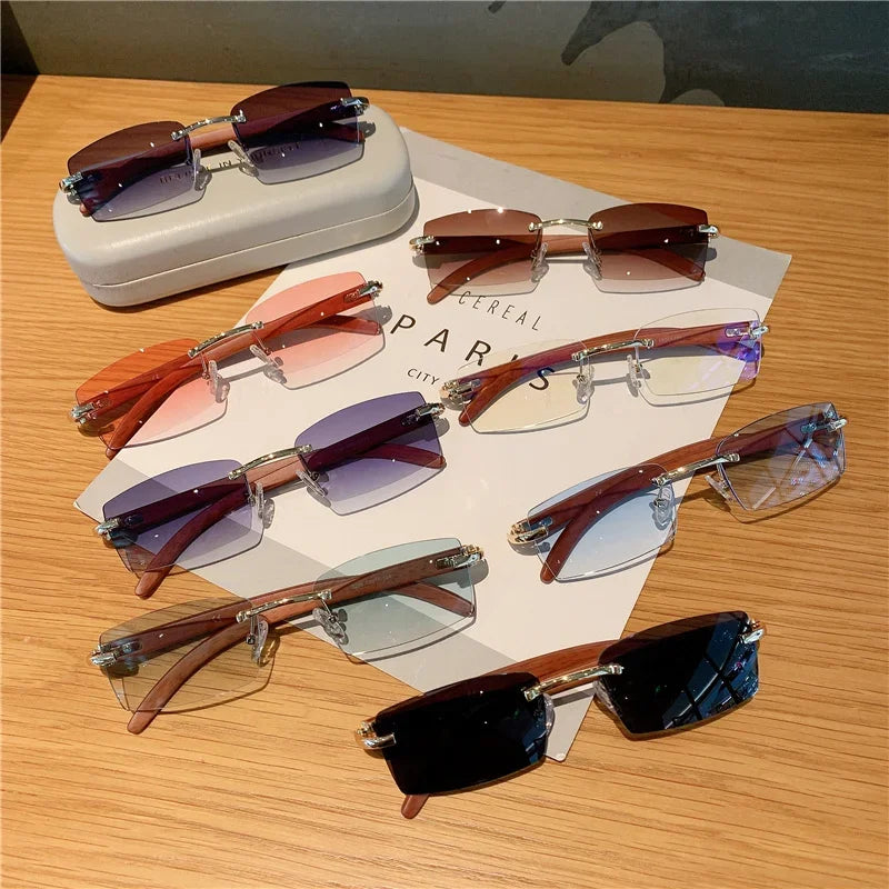 KAMMPT Rimless Sunglasses For Men Women Wooden Pattern Luxury Brand Retro Sun Glasses Fashion Shades UV400 Travel Outdoor Luxlife Brands
