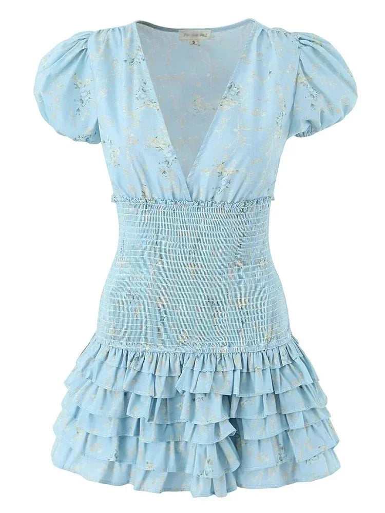 GypsyLady Floral Printed Chic Boho Mini Dresss Cotton V-neck Ruffles Blue Holiday Women Tiered Ladies Party Dresses Vestidos New Luxlife Brands