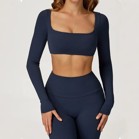 Yoga Shirts Fitness Long Sleeve Women Sport Crop Top Women Square Neck Gym Top Yoga T-Shirt Clothing Casual Quick Dry Sportswear