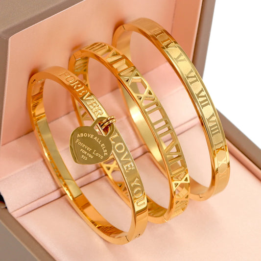 3Pcs/Sets Stainless Steel Hollow Roman Heart Bracelet for Women Leisure Wedding Jewelry Party Holiday Valentine's Day Gift