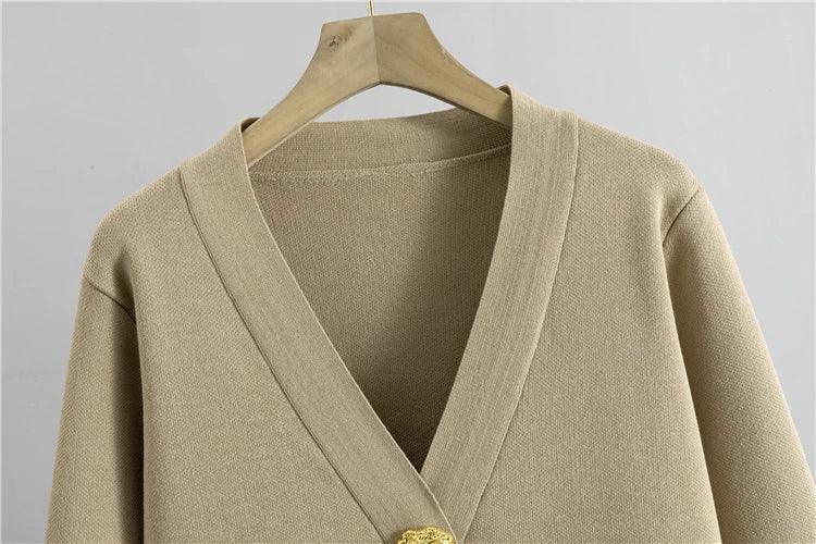 Autumn Winter Women Knit 2 Piece Set New Large Gold Button V-neck Cardigan Coats+High Waist Baggy Wide Leg Pants Sweater Suits Luxlife Brands