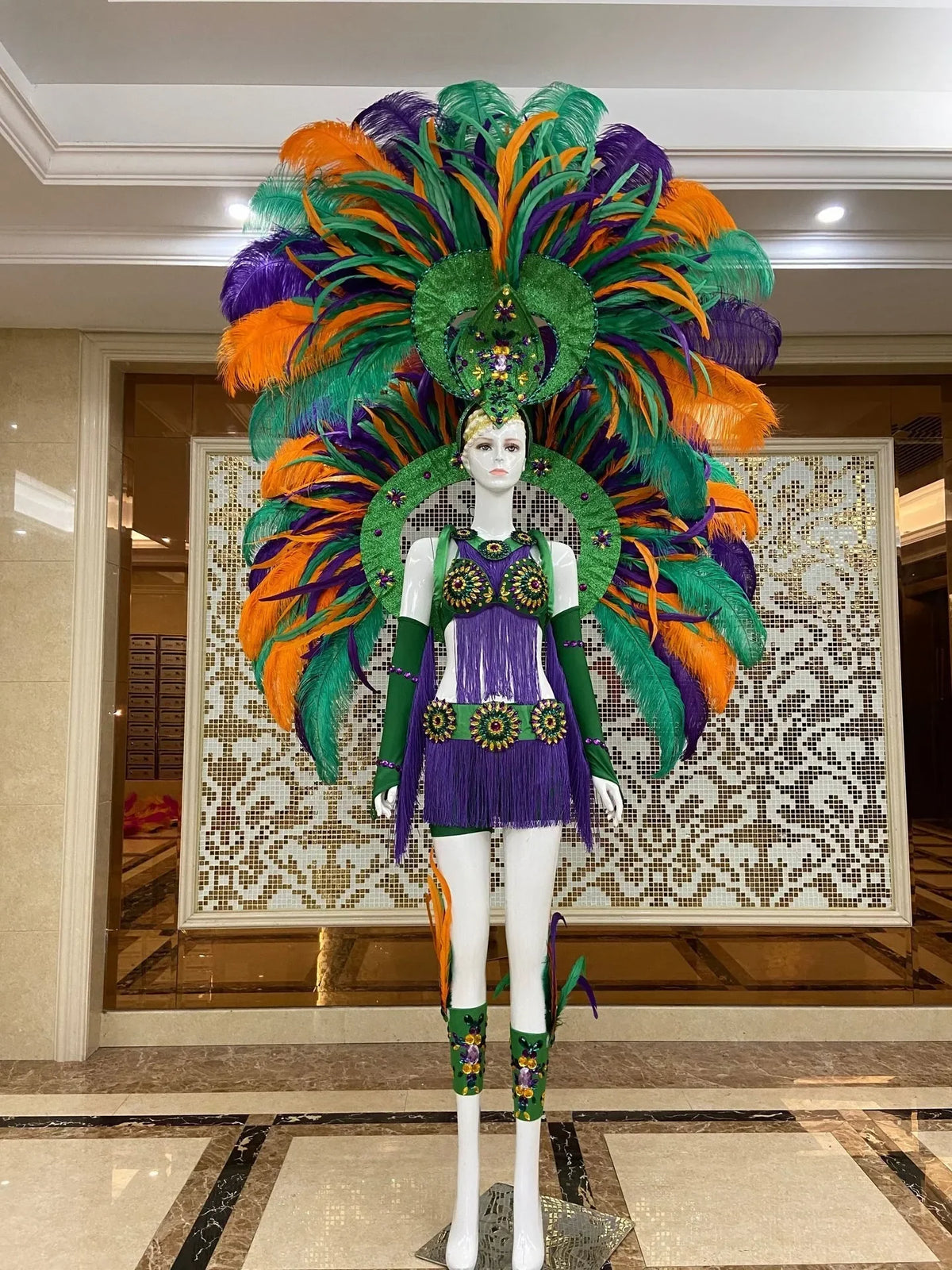 Regal Feathered Backpiece and Rhinestone Costume Set