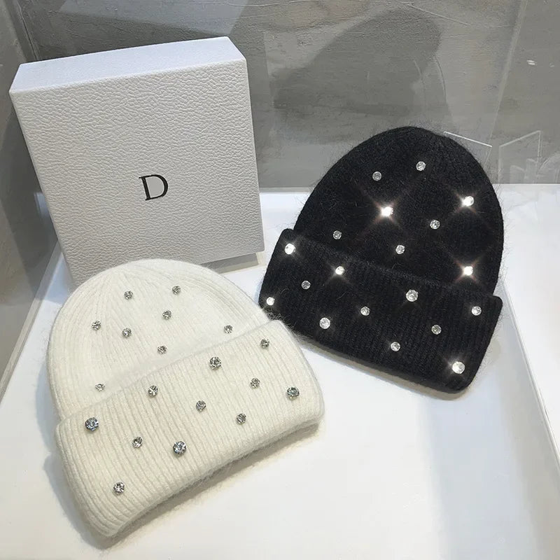 Luxury Rhinestone Beads Knitted Hat Korean Women Rabbit Fur Wool Skullies Cap Winter Fashion Thickened Warm Bonnet Beaanies Luxlife Brands
