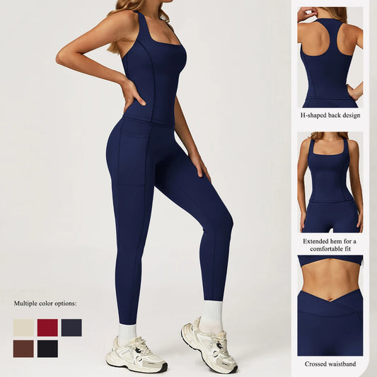 Hearuisavy 2Pcs Woman's Sports Set Naked-Feel Racerback Sports Tops Gym Tank Top Female Breathable High Waist Fitness Yoga Pants