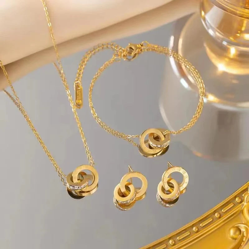 3 PCS Fashion Roman Digital Double Ring Pendant Necklace Bracelet Tiny Earrings Jewelry Set For Women Korean Style Daily Wear Luxlife Brands