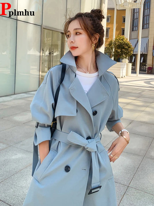 British Style Long Trench Coats Classic Double Breasted Windbreaker Elegant Womens Loose Overcoats Korean Fashion Blue Gabardina LUXLIFE BRANDS