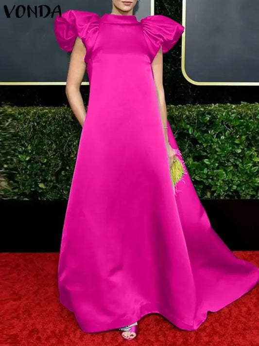 Women Floor-Length Dress 2023 VONDA Bohemian Turtleneck Puff Sleeve Fashion Party Vestidos Elegant Office Sundress Oversized