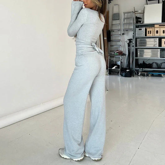 Casey Lounge V Neck Waist Tie T-shirt + Elastic Waist Pants