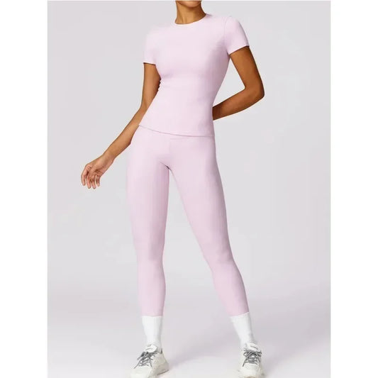 Seamless Yoga Set Women Pink Short Sleeve Top with High Waist Leggings Two Piece Workout Clothes Sports Fitness Gym Sets