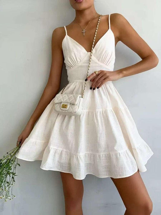 Wolfeel Spring Summer Women's Linen Cotton Dress Vintage A-line Sling Dress Sexy Hot Girl V-neck Camisole RUFFLES Dress