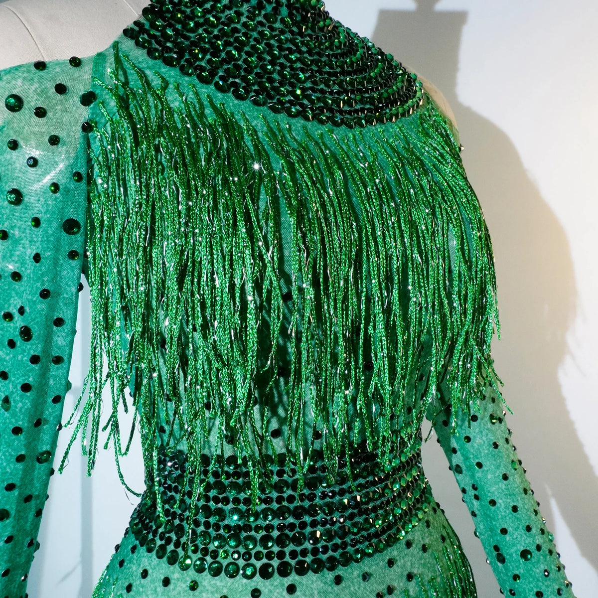 Rhinestone Tassel Mesh Performance Bodysuit